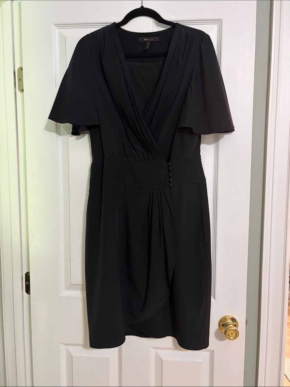 BCBGMaxAzria Black Midi Wrap Dress with Flutter Sleeves